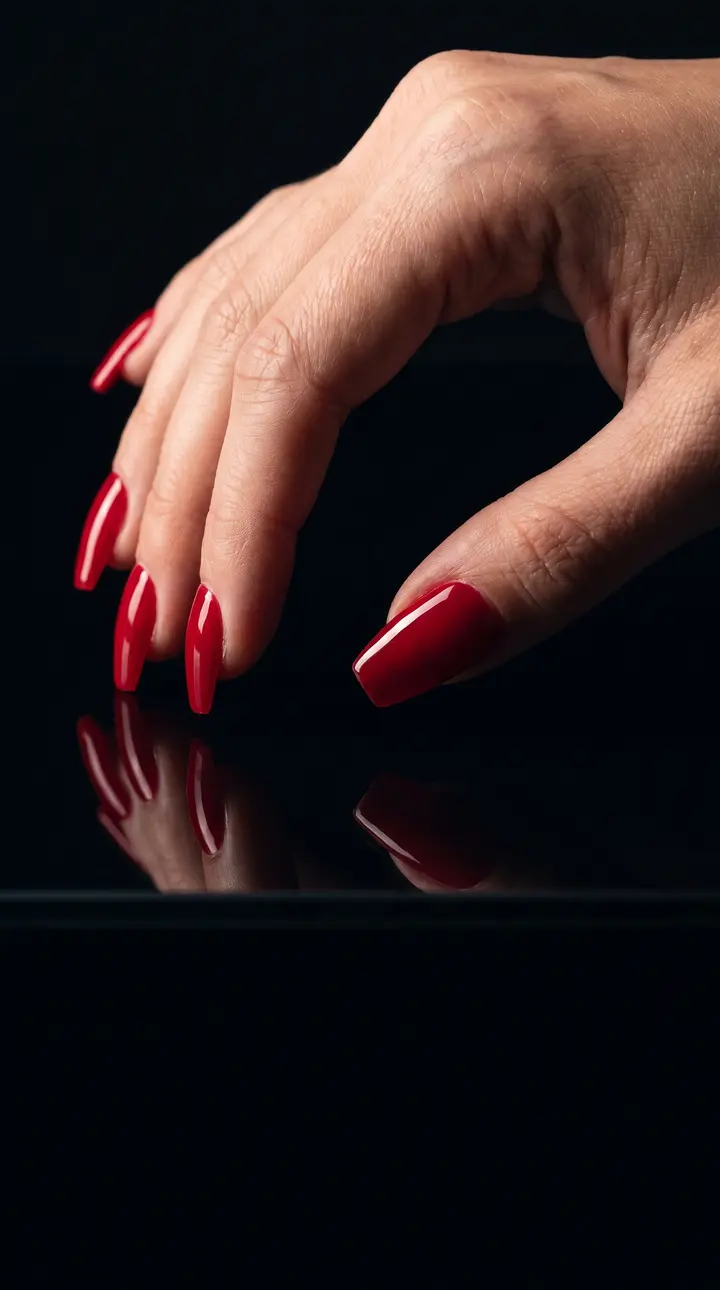 A hand with cherry-red press-on nails above black glass